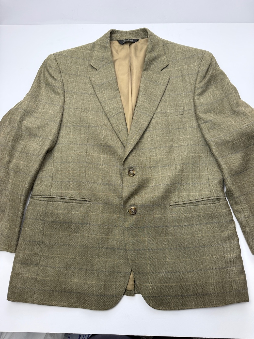 Jos A Bank Mens Sport Coat Blazer Olive Green Plaid Windowpane 2 Button 46R